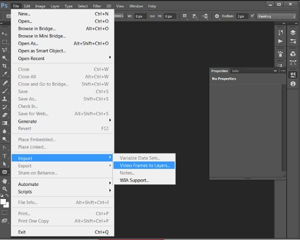 Importar vídeo para o Photoshop
