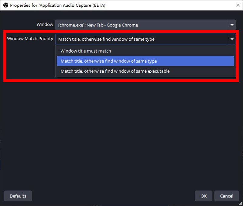 Janela de propriedades Correspondência de prioridade