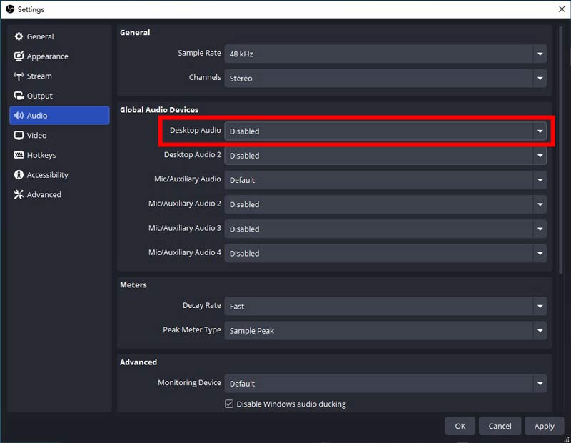 Configurações de áudio da área de trabalho desativado