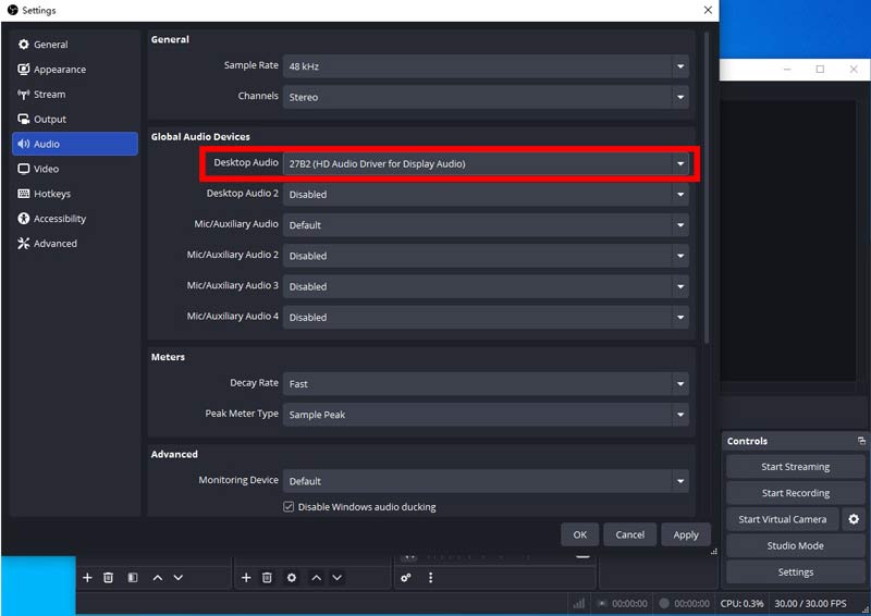 Configurações de áudio da área de trabalho