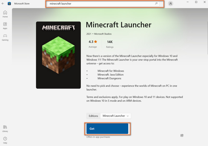 Iniciador do Minecraft da Microsoft Store