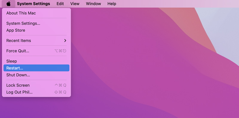 Reinicie o Macbook pelo menu Apple