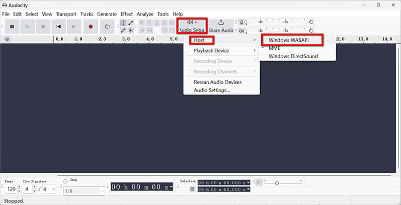 Configuração de áudio do Audacity