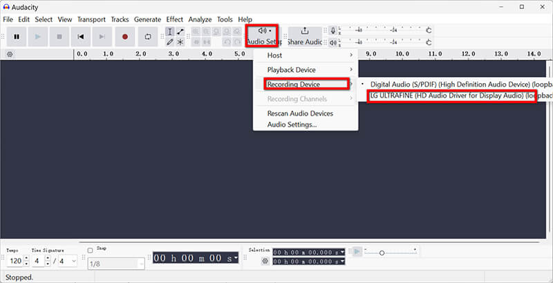 Dispositivo de gravação Audacity