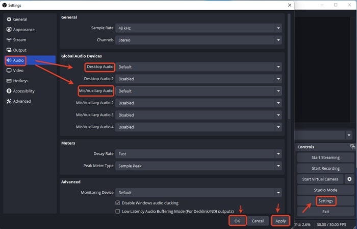 OBS Alterar configurações de áudio