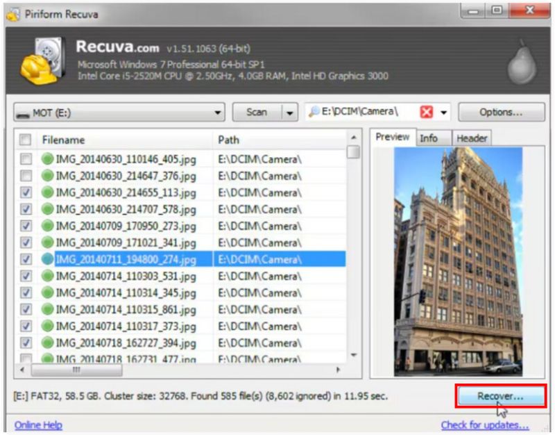Clique em Recuperar para salvar