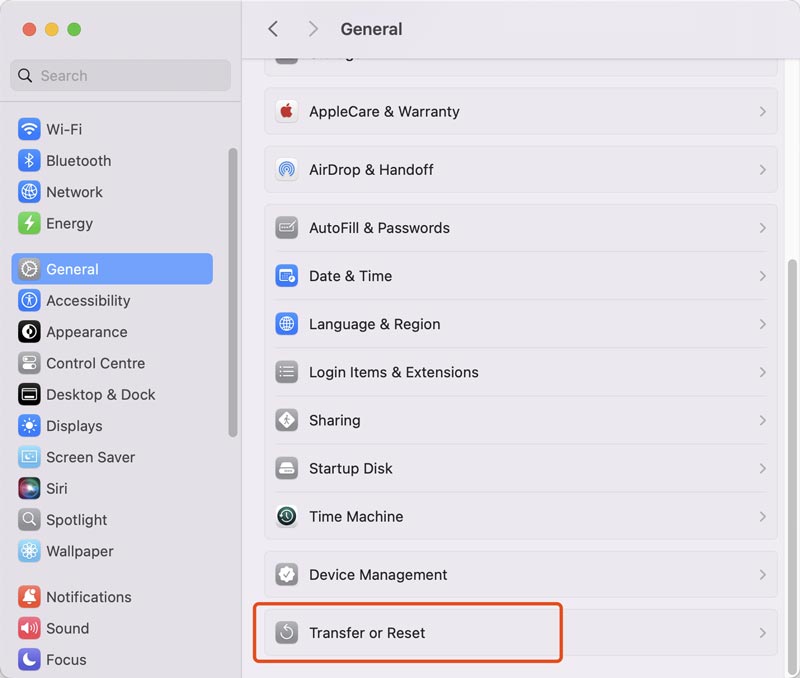 Opção de transferência ou redefinição geral do Mac