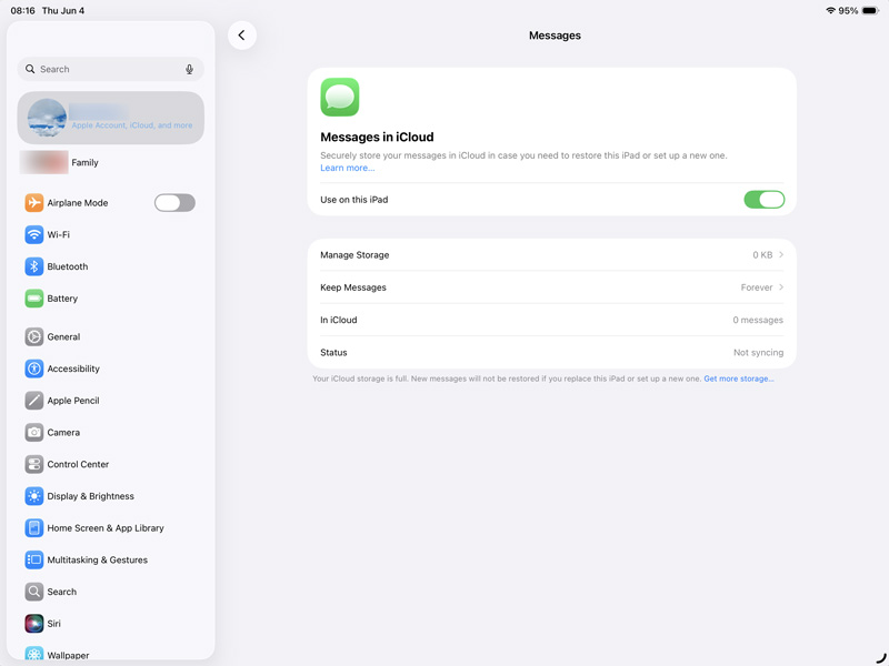 Mensagens do iPad no iCloud ativadas