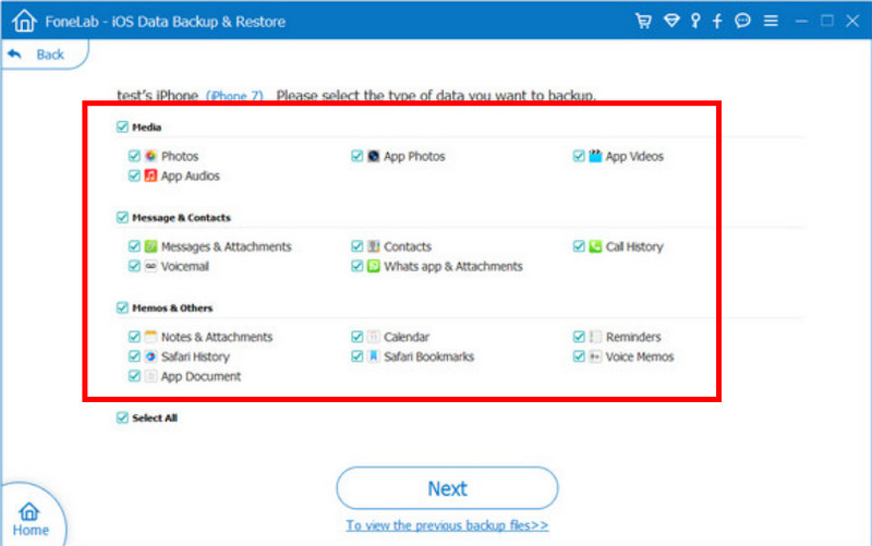 Escolha os arquivos para backup