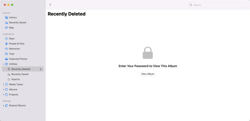 Digite a senha para visualizar o álbum excluído recentemente no Mac