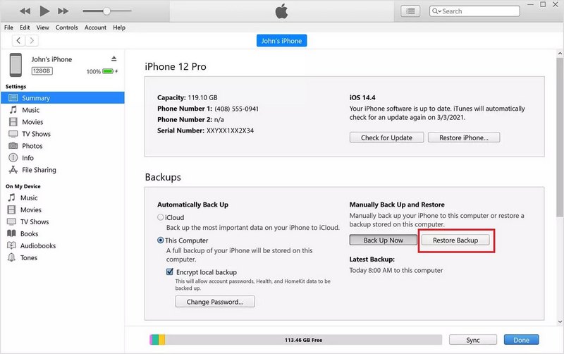 Restaurar backup no iTunes