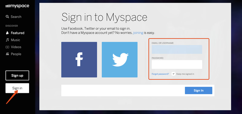 Entrar na conta antiga do Myspace