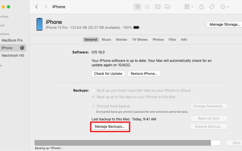 Clique em Gerenciar backup