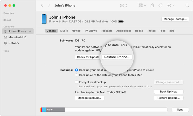 Restaure o iPhone usando o Finder iTunes