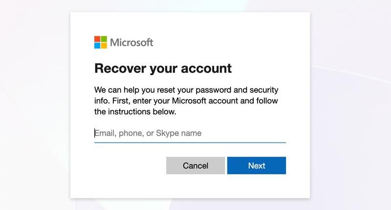 Página de redefinição de senha do Outlook Hotmail Microsoft