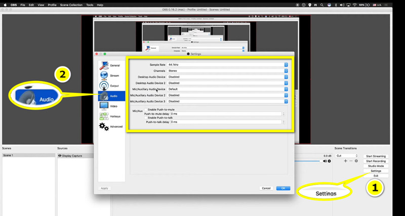 Configurações de áudio no OBS