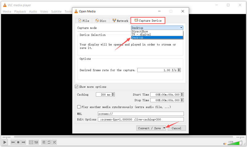 Selecione o dispositivo de captura VLC na área de trabalho
