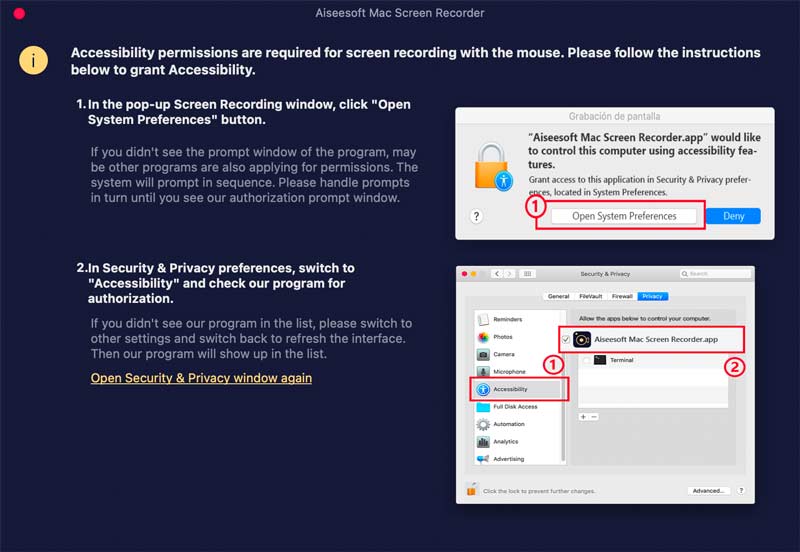 Permissões de gravação de tela do Mac