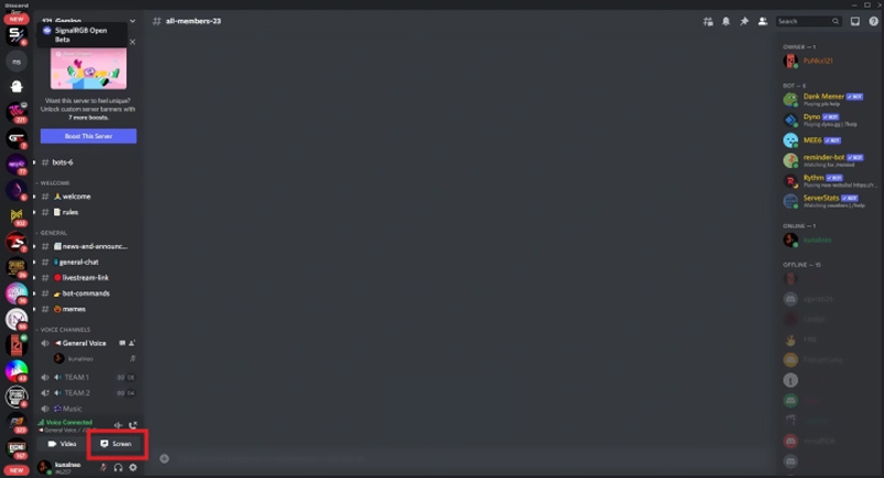 Botão de compartilhamento de tela do Discord