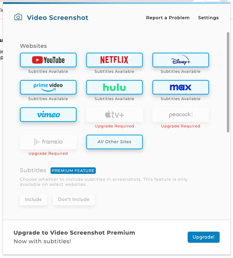 Configurações da extensão de captura de tela de vídeo