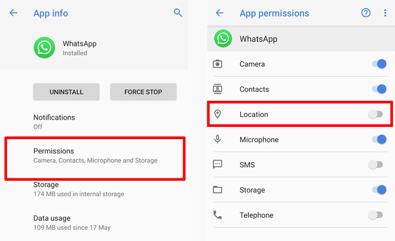 Habilitar permissão de localização do WhatsApp no ​​Android