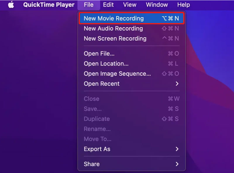 Gravação de novo filme do QuickTime Player