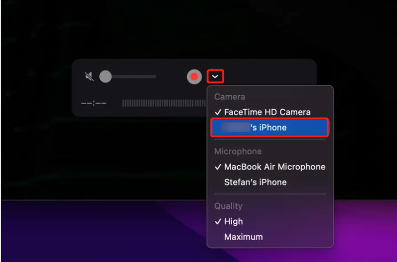 Compartilhamento de tela do iPhone para Mac usando o QuickTime