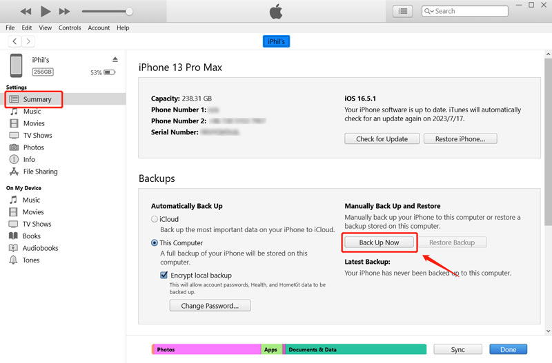 Faça backup de mensagens do iPhone usando o iTunes