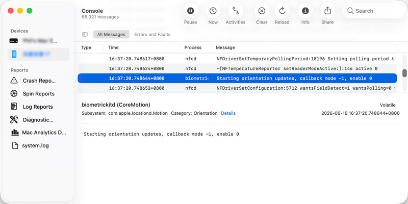 Aplicativo Console do Mac Registros do sistema do iPhone