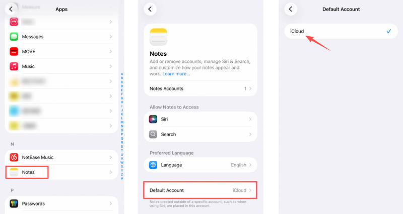 Conta padrão do iCloud para o Notas do iPhone