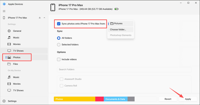 Sincronizar fotos do computador para o iPhone em dispositivos Apple