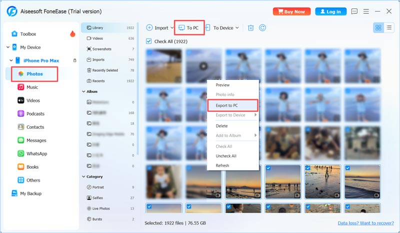 Transferir fotos do iPhone para o PC com Windows via Foneease