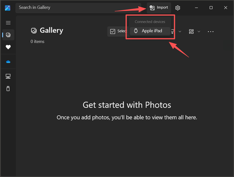 Abra o aplicativo Fotos do Windows e conecte o iPad.