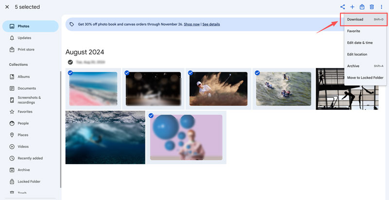 Acesse o Google Fotos no MAC. Baixe o arquivo.
