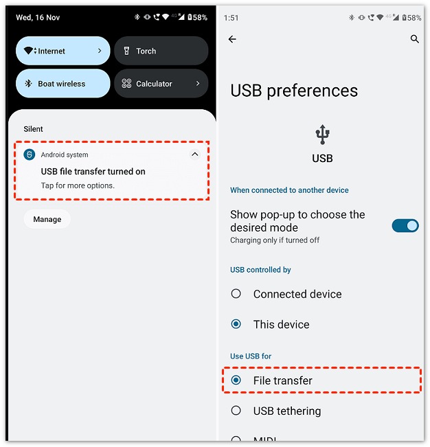 Conecte o Android ao computador e escolha o modo de transferência de arquivos.