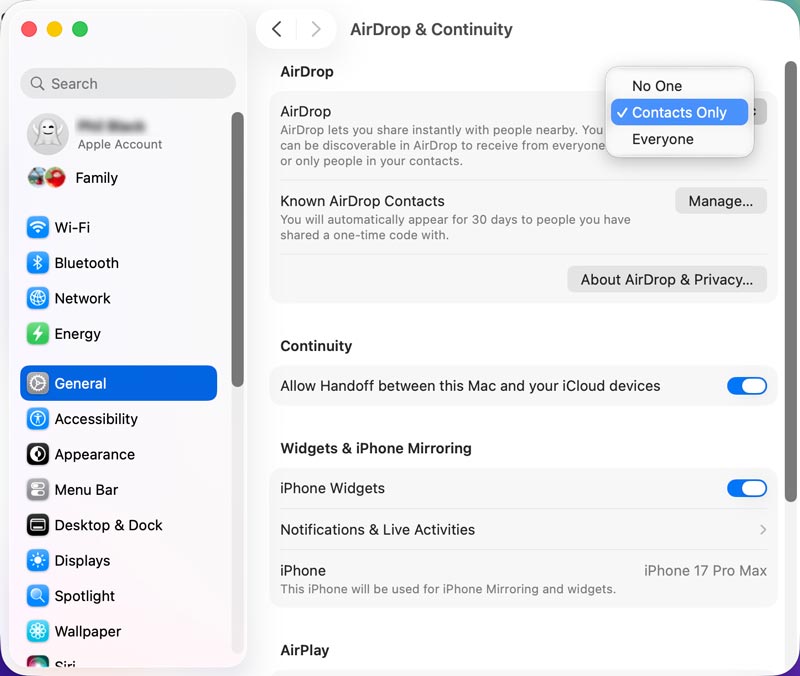 Configure o AirDrop para permitir apenas contatos no Mac.
