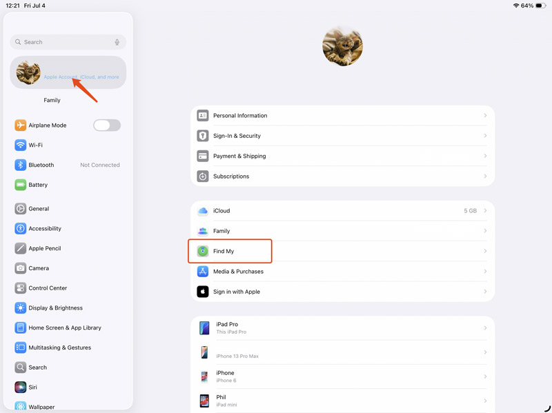 Conta Apple do iPad Encontrar meu