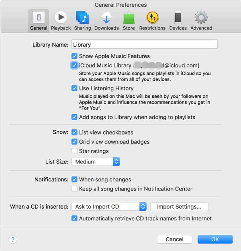 Desmarque a biblioteca de músicas do iCloud no PC