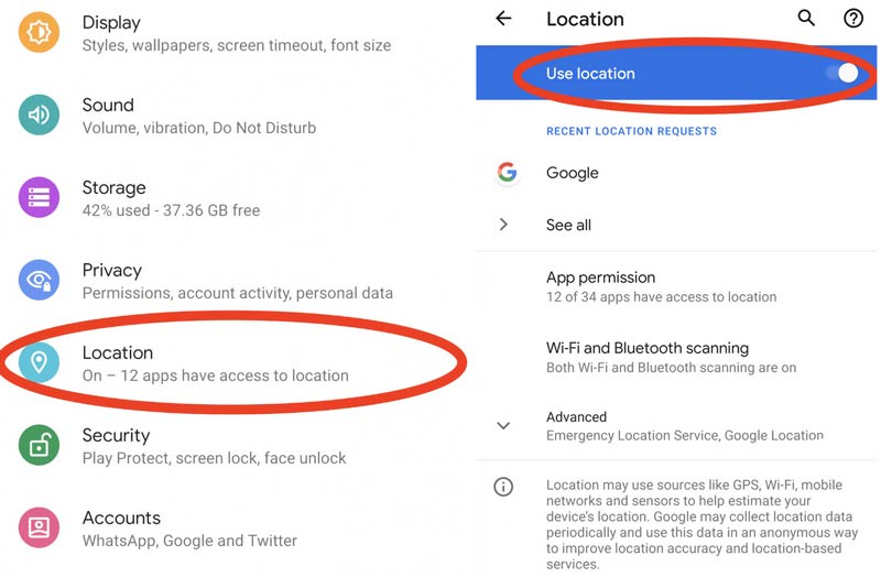 Desative os serviços de localização no Android