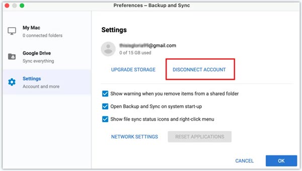 Desconectar a conta do Google Drive do backup e sincronização