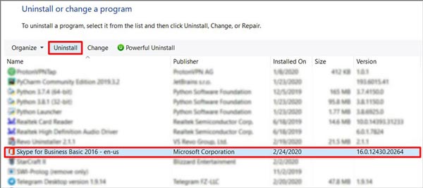 Desinstale o Skype for Business via Painel de Controle