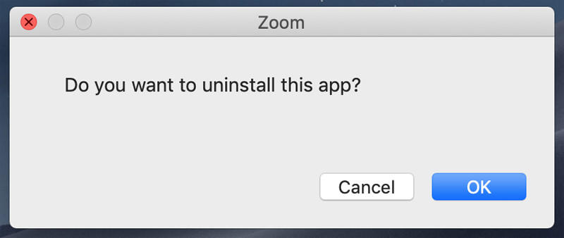 Confirmação de desinstalação do Zoom On Mac