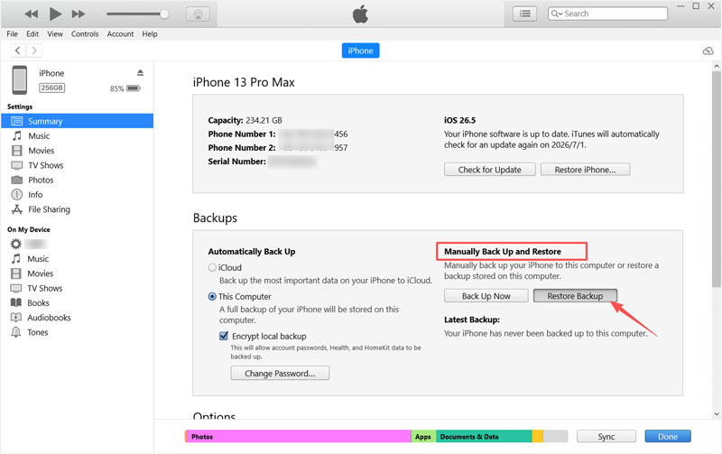 Restaurar iPhone 13 a partir de backup do iTunes