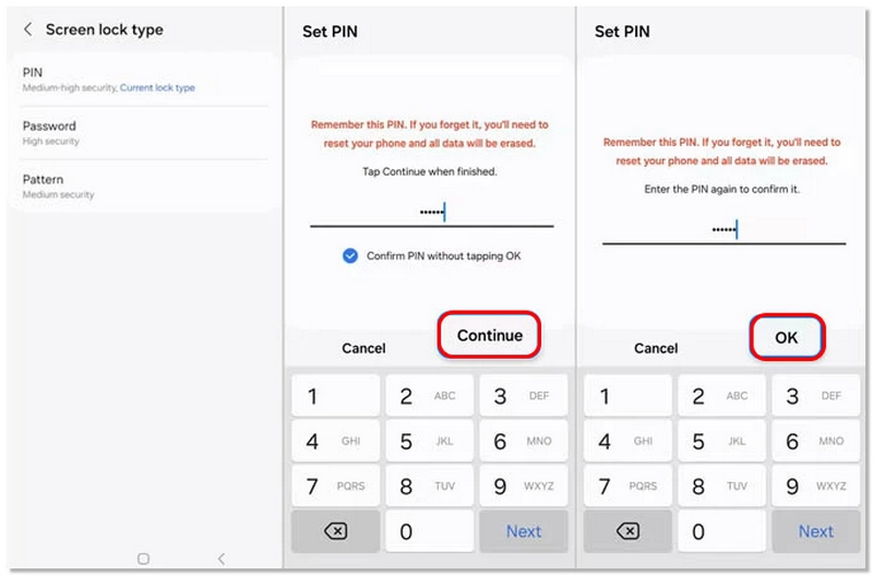 Insira o PIN antigo e o novo.