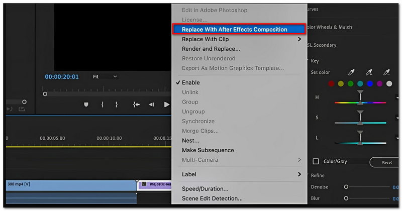 Selecione "Substituir por composição do After Effects"