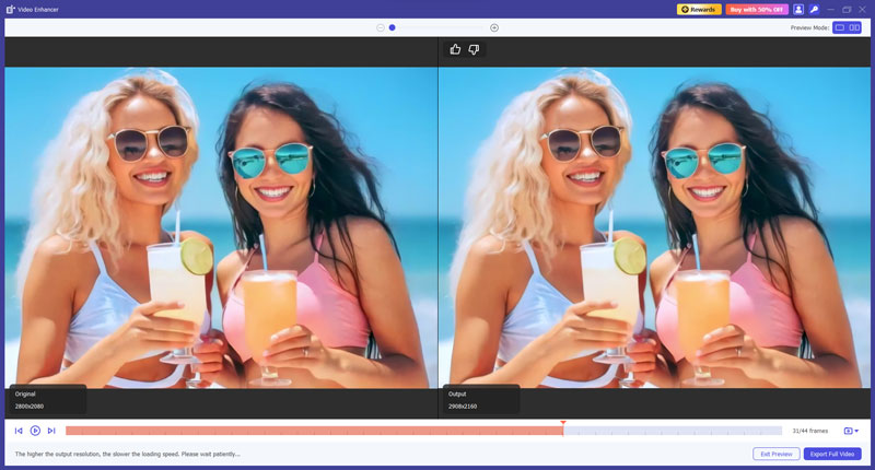 Interface de pré-visualização e exportação do Aiseesoft Video Enhancer