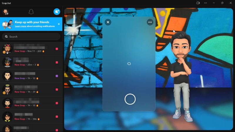 Interface do aplicativo Snapchat para Windows