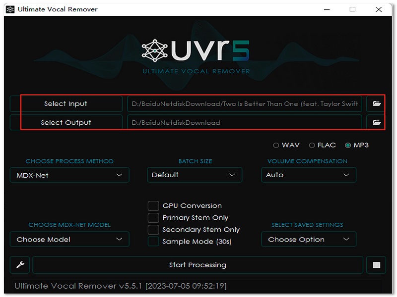Selecione a entrada e a saída.