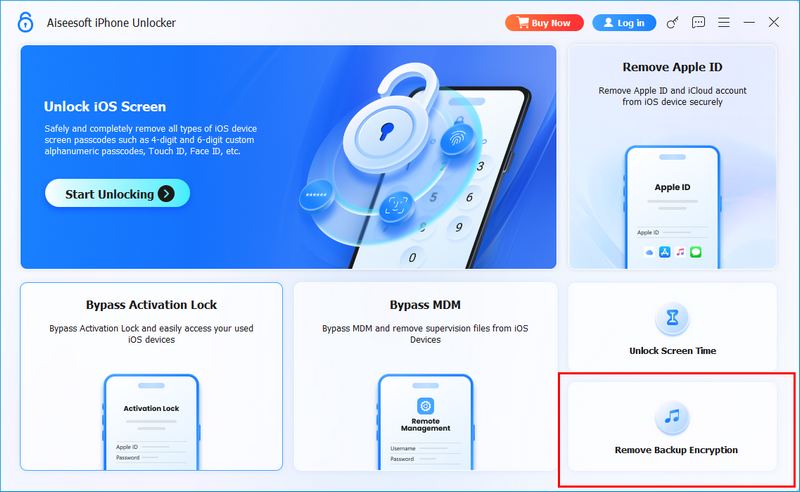 Selecione Remover Criptografia de Backup