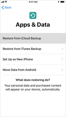 Tela App & Data - Restaurar de um backup